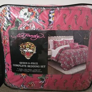 Ed Hardy Queen 8 Piece Pink Comforter Bedding Set